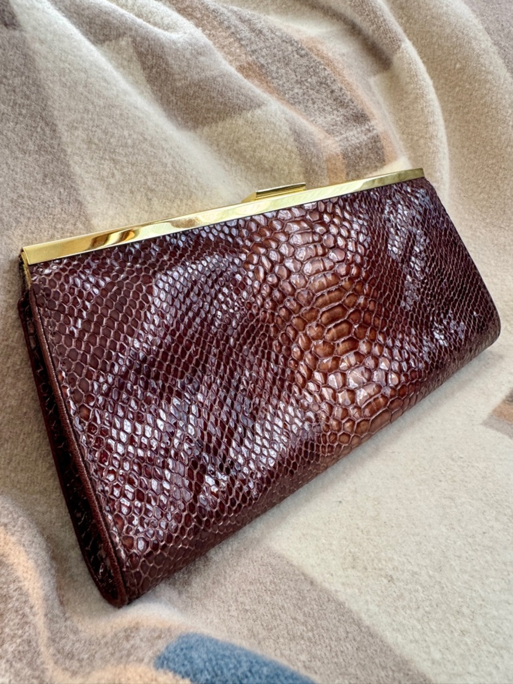 Abas Brown Embossed Glazed Clutch with Gold-Tone Hardware